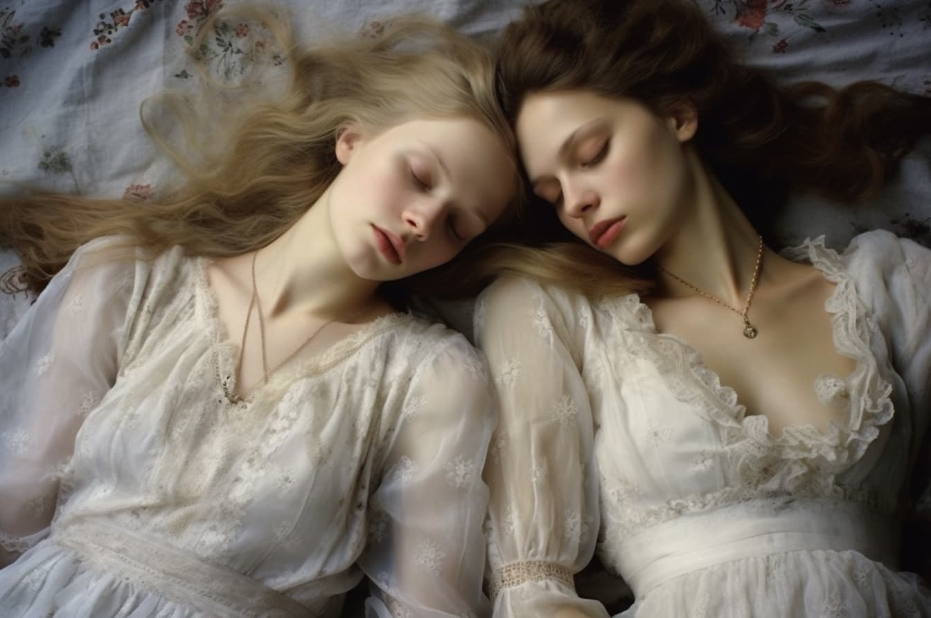 AI generated: a couple of women laying on top of a bed, style of paolo roversi, white lace clothing, beautiful gir...