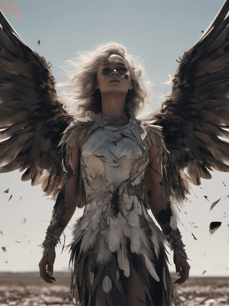 AI generated: close up of a disfigured angel, a lost soul in a desolate wasteland, muted colors, shattered halos, ...
