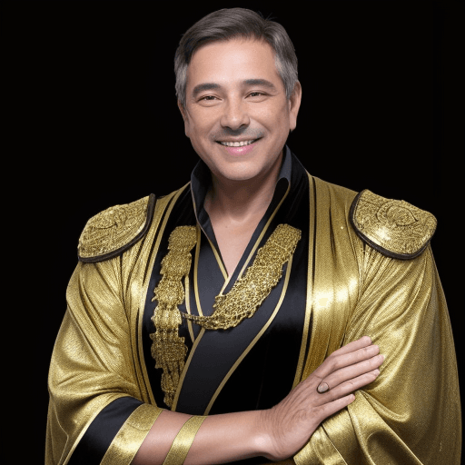 AI generated: A middle age man with a gold and black robe standing against a light background, smiling for the cam...