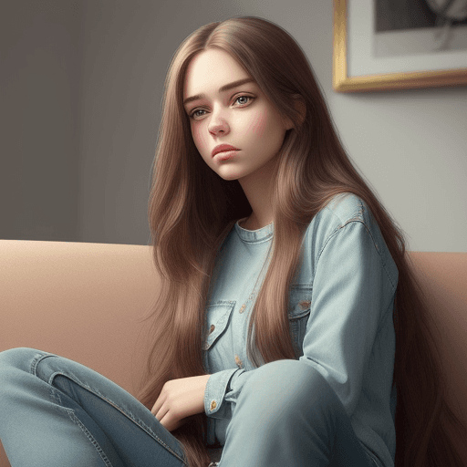 AI generated: a woman, with long hair and jeans, sitting on a couch, in the style of cartoon realism, i can't beli...