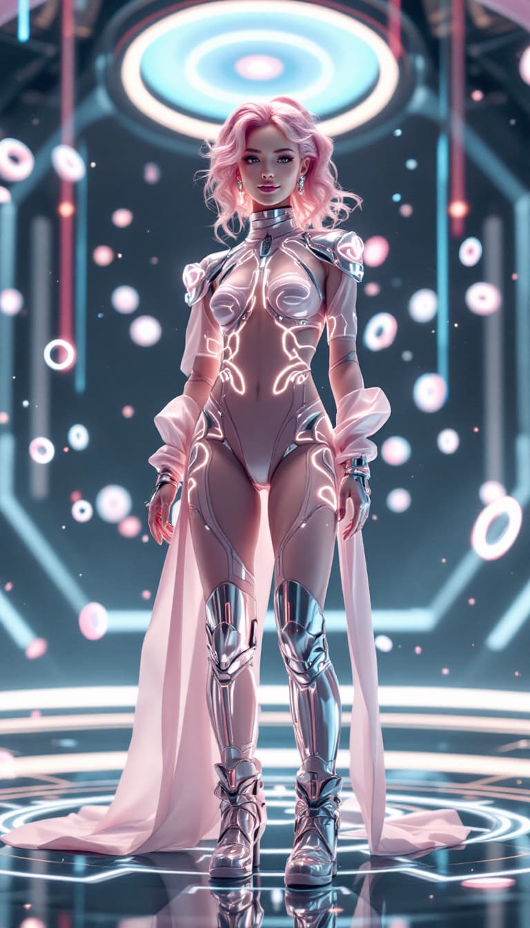 AI generated: Full-body portrait of a futuristic AI idol, pastel pink and silver outfit, holographic accents, slee...