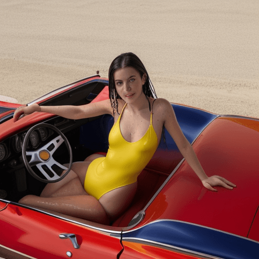 AI generated: Picture of 19yo Italian american beauty woman leaning back on a red sports car. View is from above p...
