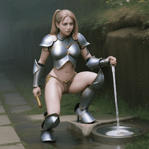 AI generated: female, urinating, skimpy armor, urine, 

