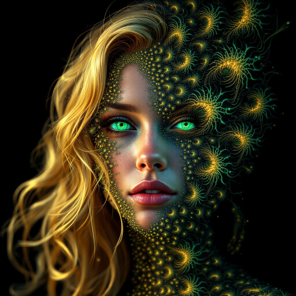 AI generated: A fractal image of a blonde woman's face with  psychedelic fractals with face emerging out of a blac...