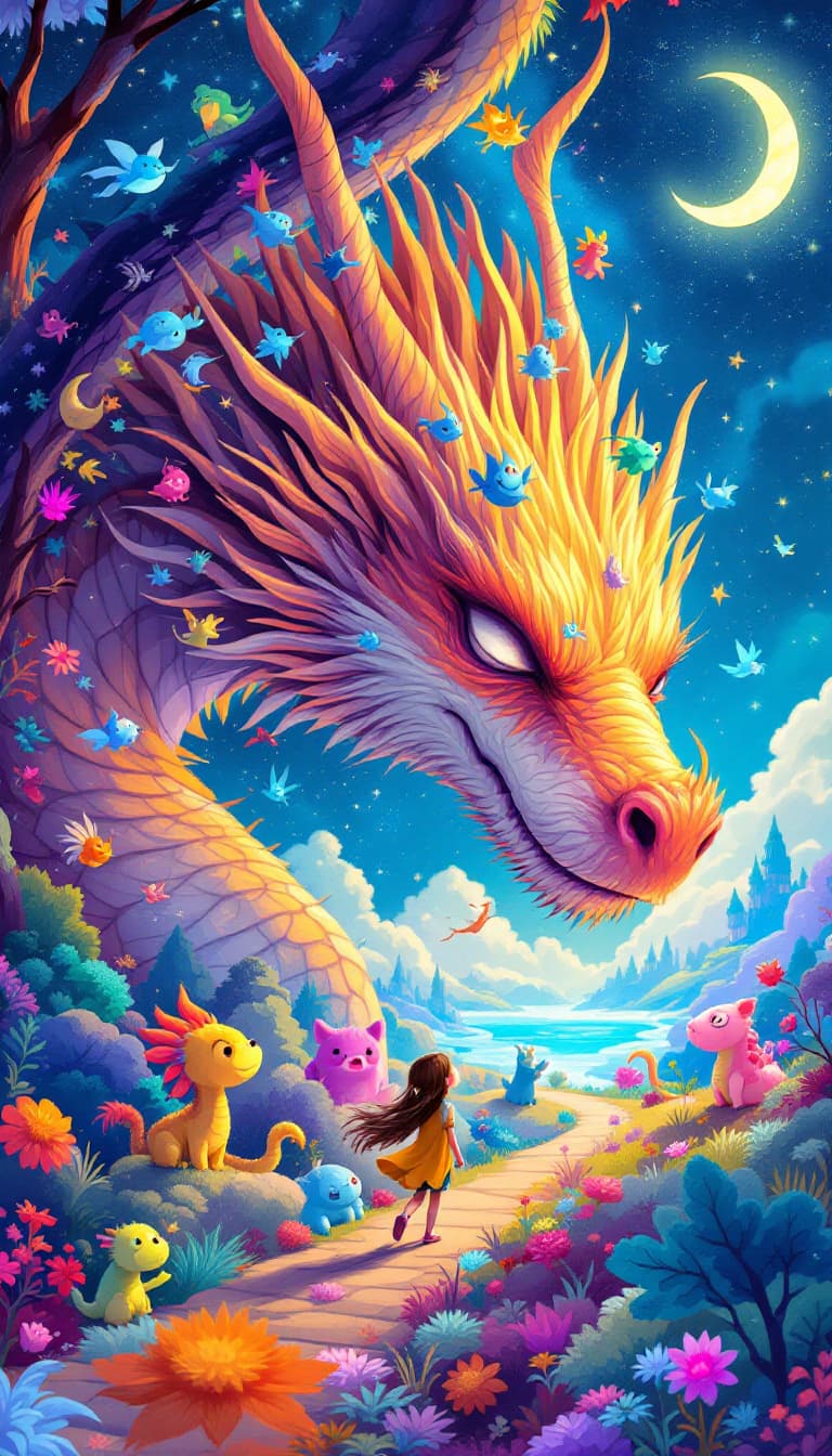 AI generated: vibrant illustration of a young girl named Aoife, entering a fantastical dream world created by a sl...