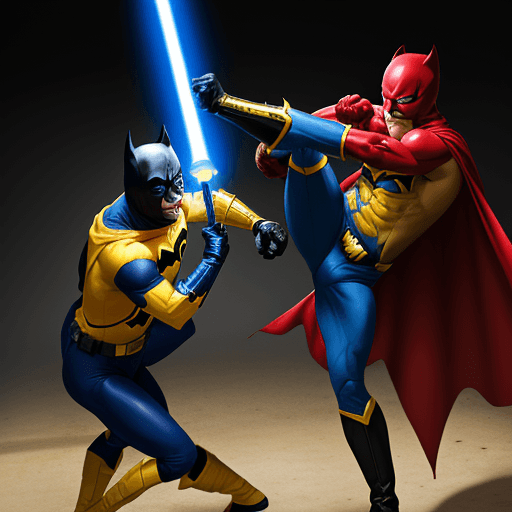 AI generated: YELLOW AND BLUE BATMAN a FIGHTS A BLACK MAN IN A RED SPANDEX SUIT, WITH YELLOW GLOVES AND BOOTS , SU...