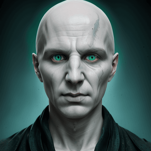 AI generated: Voldemort, covered in pale porcelain skin,  glowing snake like eyes, slits for nostrils and no nose,...