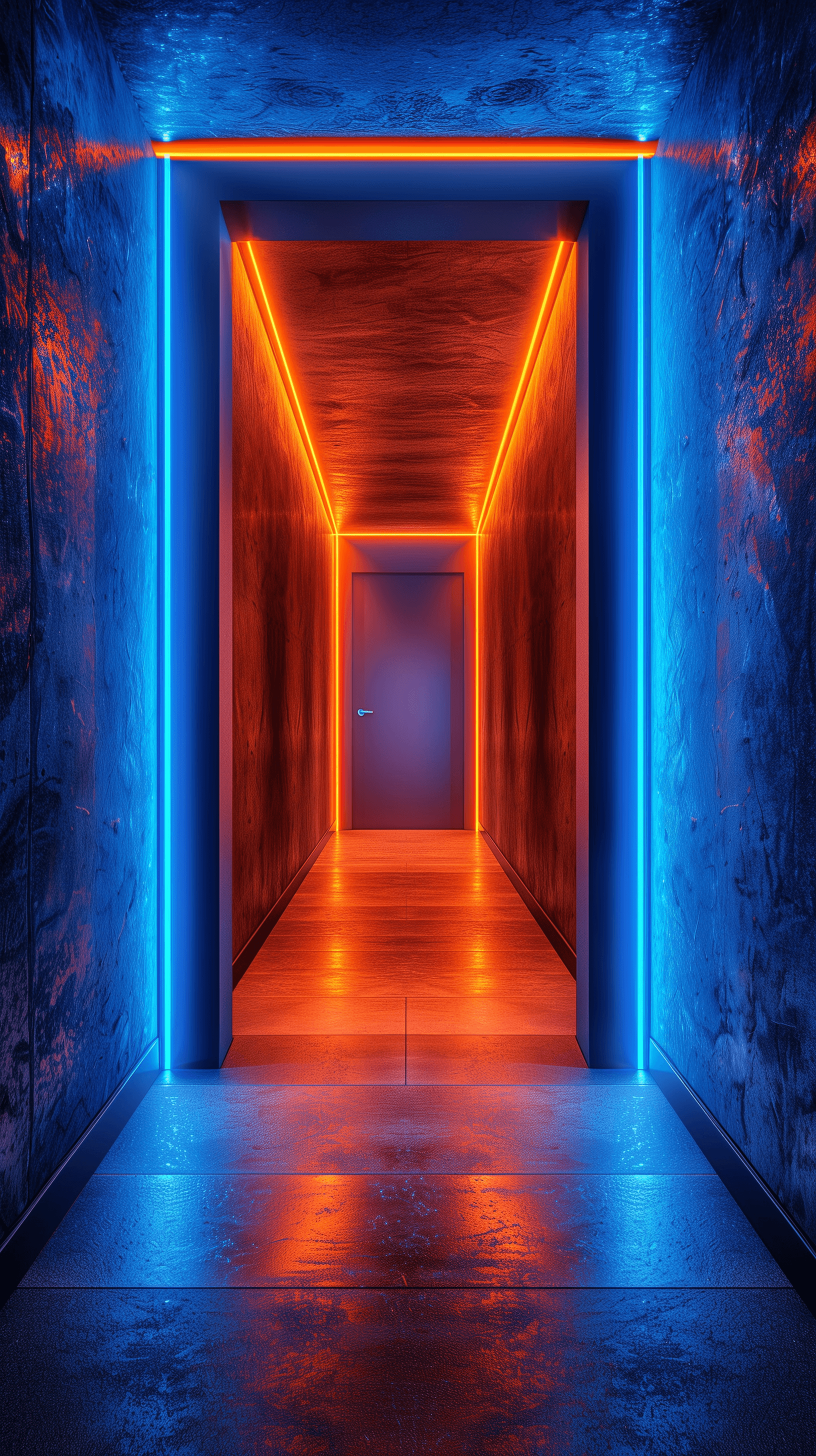 AI generated: architectural detail featuring striking neon blue lighting strips set against dark, textured surface...