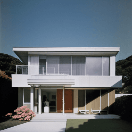 AI generated: Hyper realistic eye level exterior photo of a mid century modern style house overlooking the ocean, ...