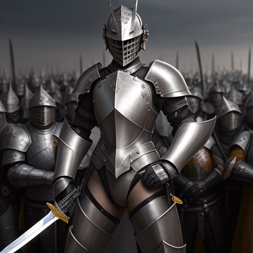 AI generated: a femboy with metal armor holding a sword near a crowd
