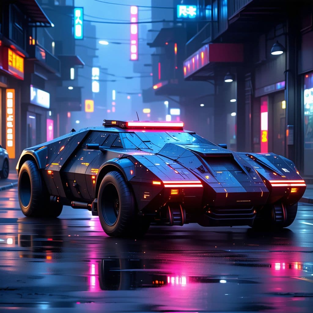 AI generated: Futuristic cyber truck resembling KITT from "Knight Rider", sleek black design, red LED light bar on...