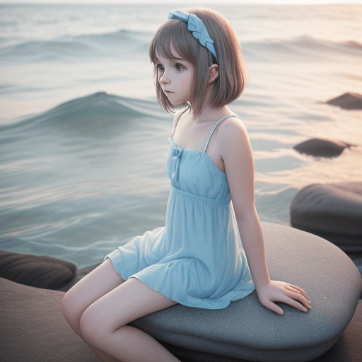 AI generated: Cute young lady in a soft blue mini sundress in the style of a thin fabric, sitting on a stone in th...