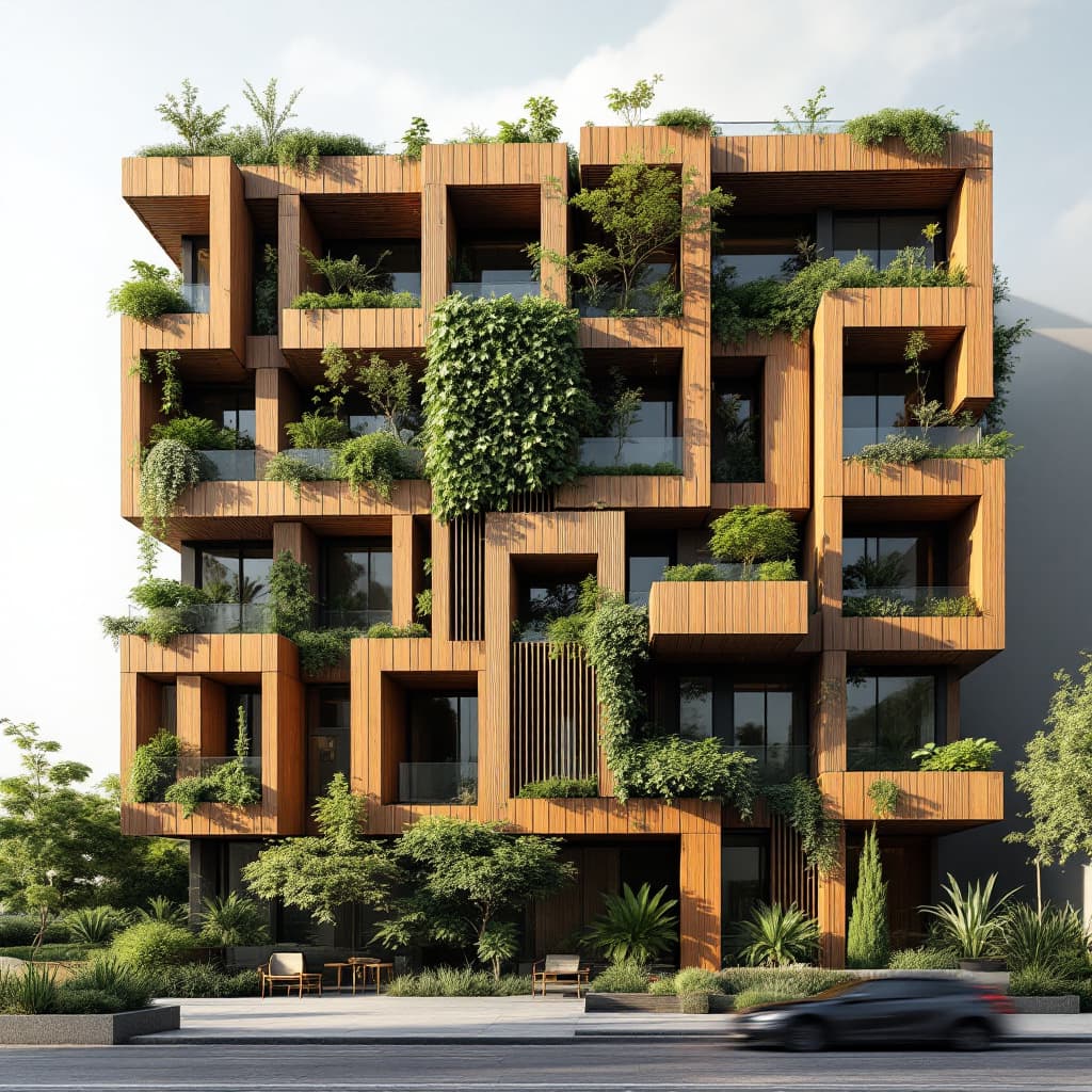 AI generated: An athenian block of buildings in Greece where there are vertical wooden panels forming different ge...
