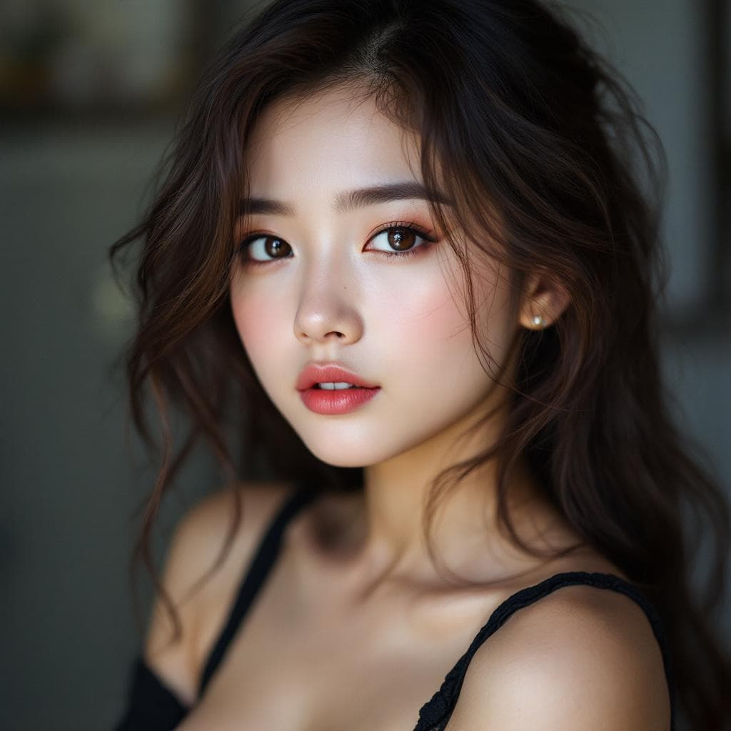 AI generated: Generate a photo of a girl with a small Asian face.Full-body photo. sexy. Wear black stockings.There...