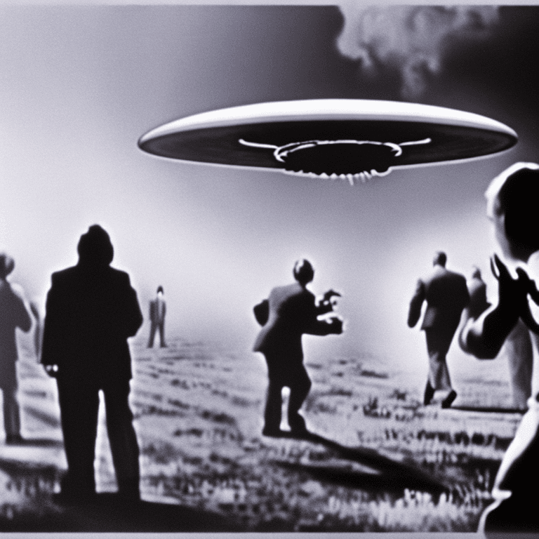 AI generated: Old black and white movie still, film grain, aliens and UFO, aliens coming down from UFO, directed b...