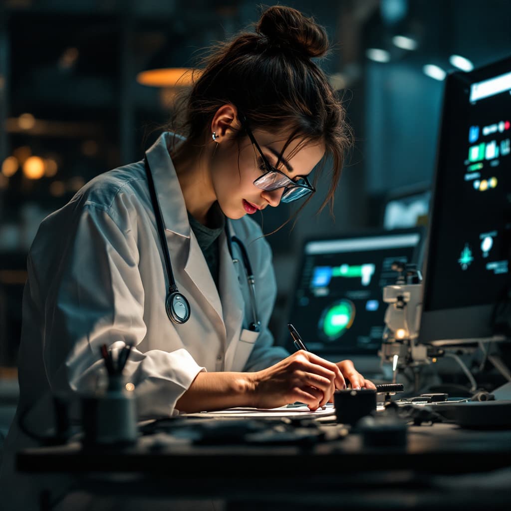 AI generated: photography 
young scientist woman working,
photorealistic, realistic light, wide angle, kinkfolk ph...