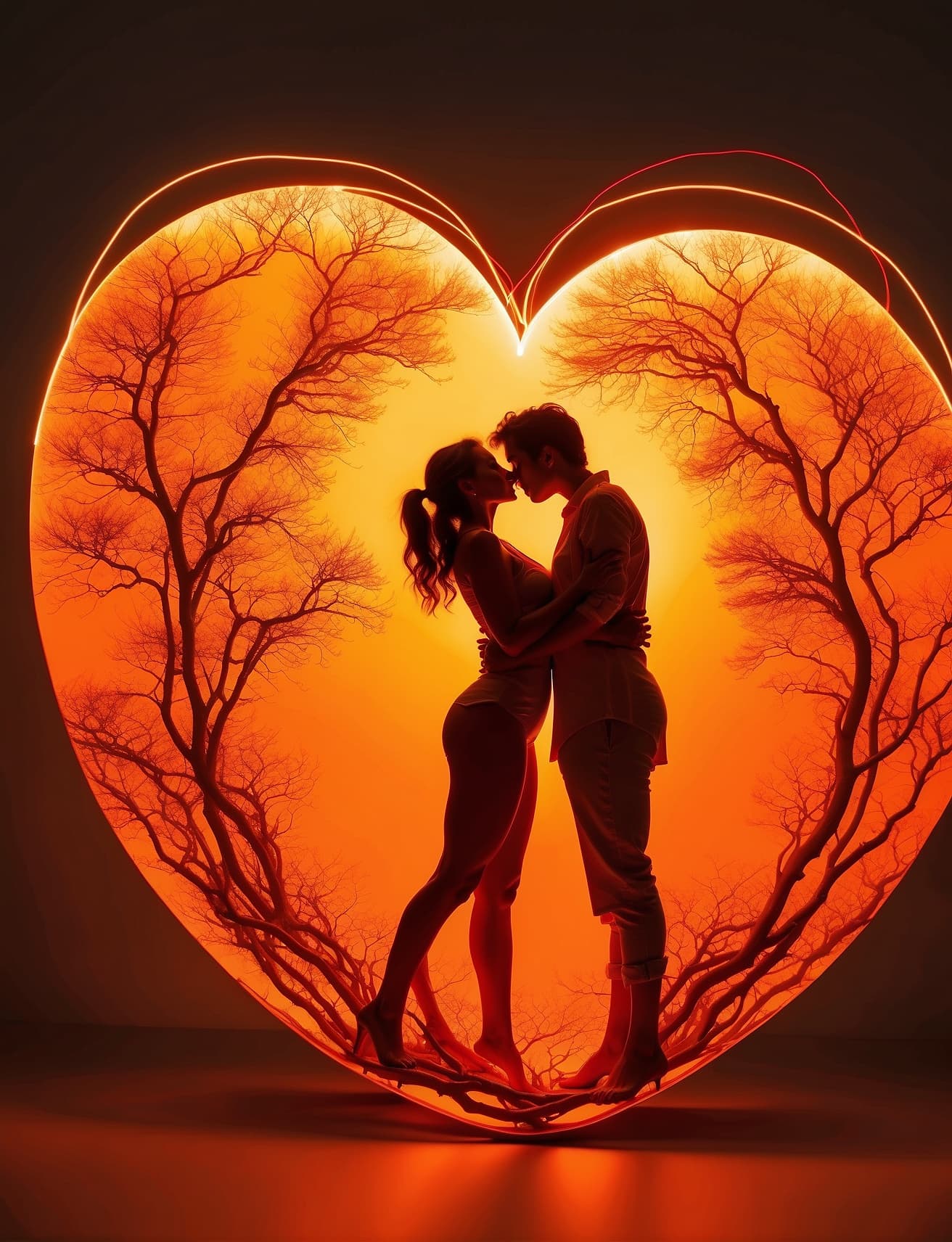 AI generated: Two lovers intertwined in a passionate embrace, their silhouettes illuminated by a warm, orange glow...