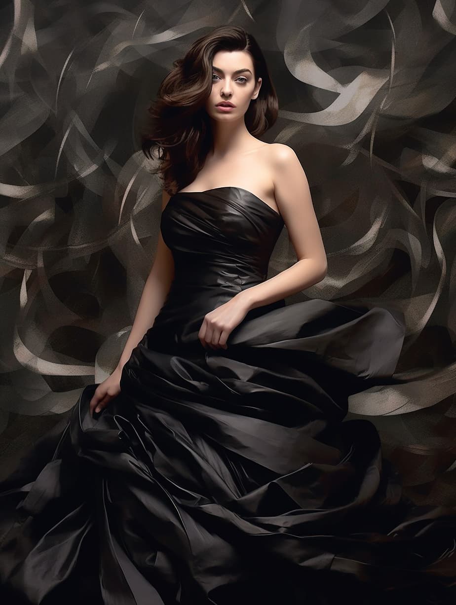 AI generated: a woman in a black dress posing for a picture, latex skin, editorial story, flowing dress, pits, ann...