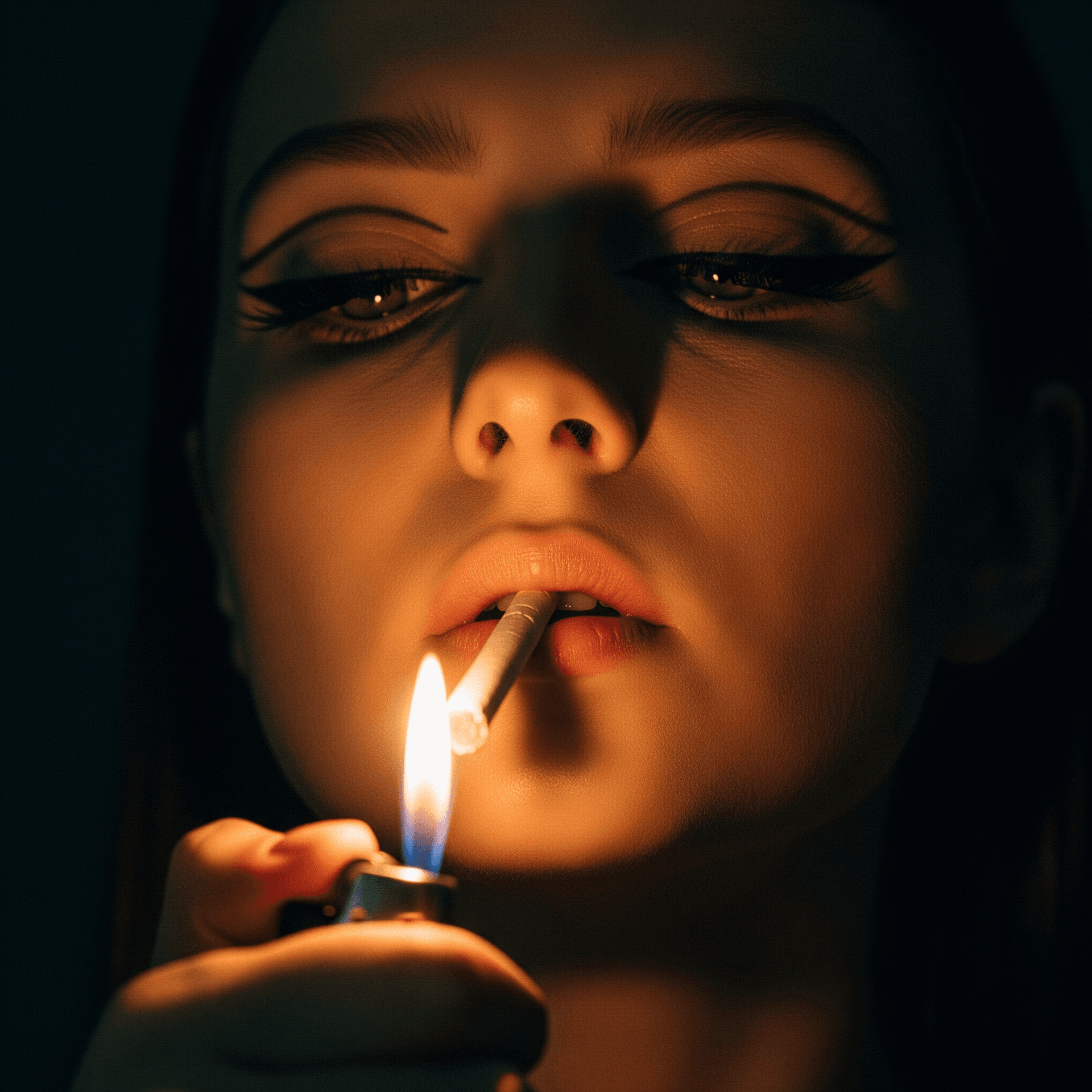 AI generated: A highly dramatic, low-angle, close-up portrait of an alluring woman lighting a thin cigarette with ...