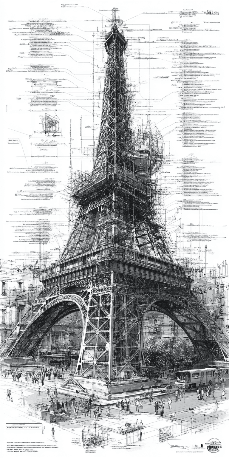 AI generated: Diagramatic drawing of the structure of the Eiffel Tower --ar 1:2 --stylize 750 --v 7