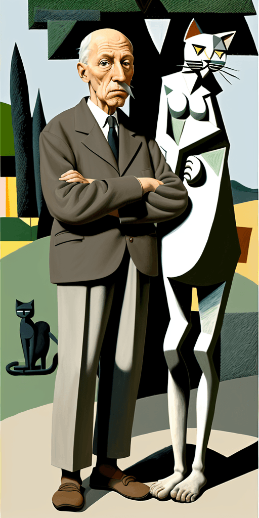 AI generated: Full height side view Portrait of an old man Pablo Picasso standing near a tree and looking at the c...