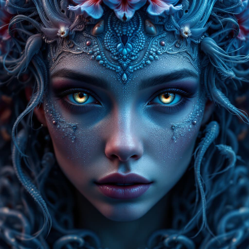 AI generated: Goddess close-up portrait ribcagel. jellyfish phoenix head, nautilus, orchid, skull, betta fish, bio...