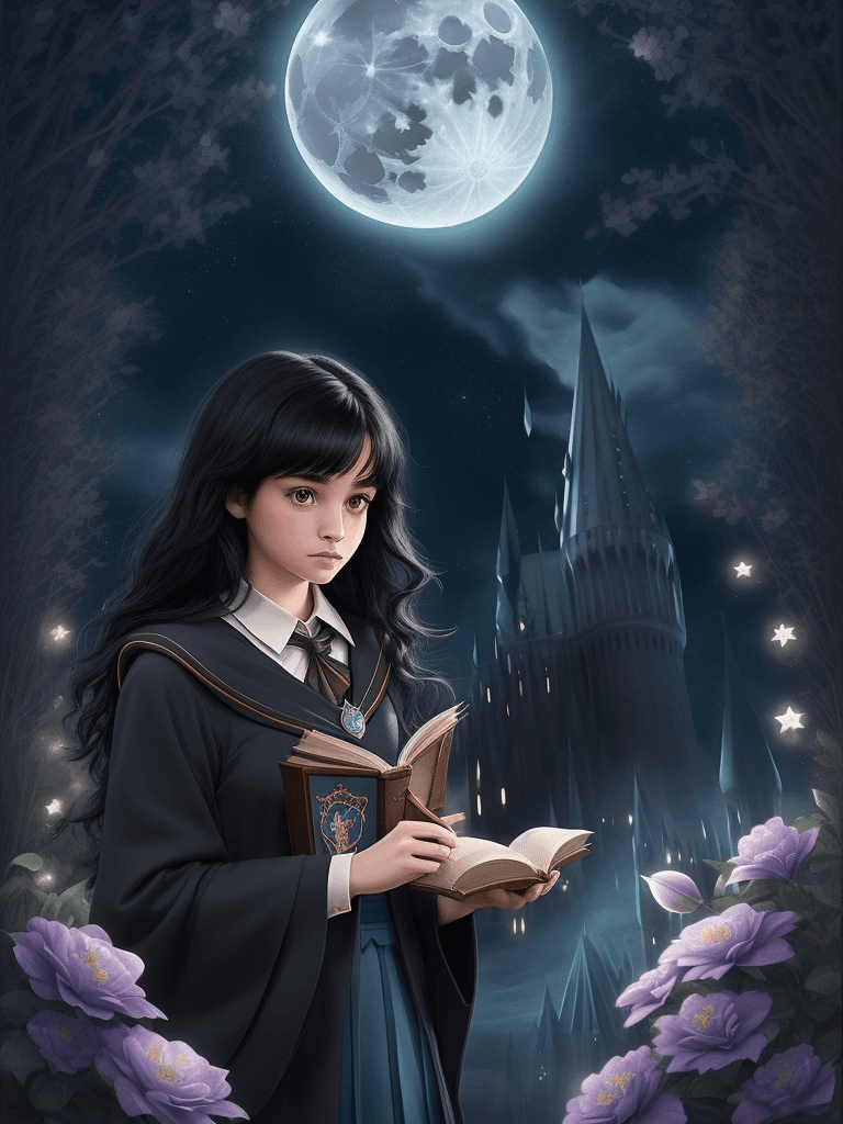 AI generated: black hair, disney style, cute, pretty, fantasy, hogwarts student, moon, magic, stars, harry potter ...