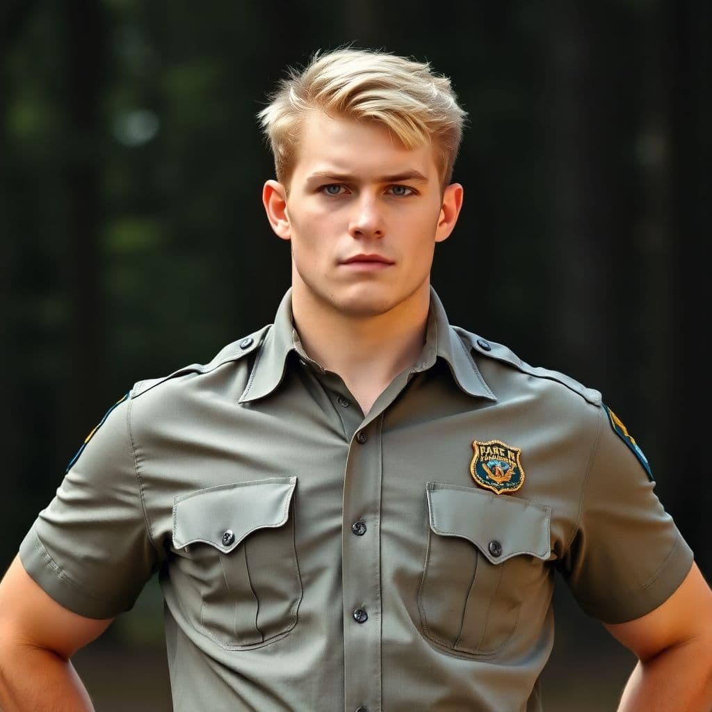 AI generated: A young blond male park ranger wearing ranger uniform with huge chest thick full wide shoulders girt...
