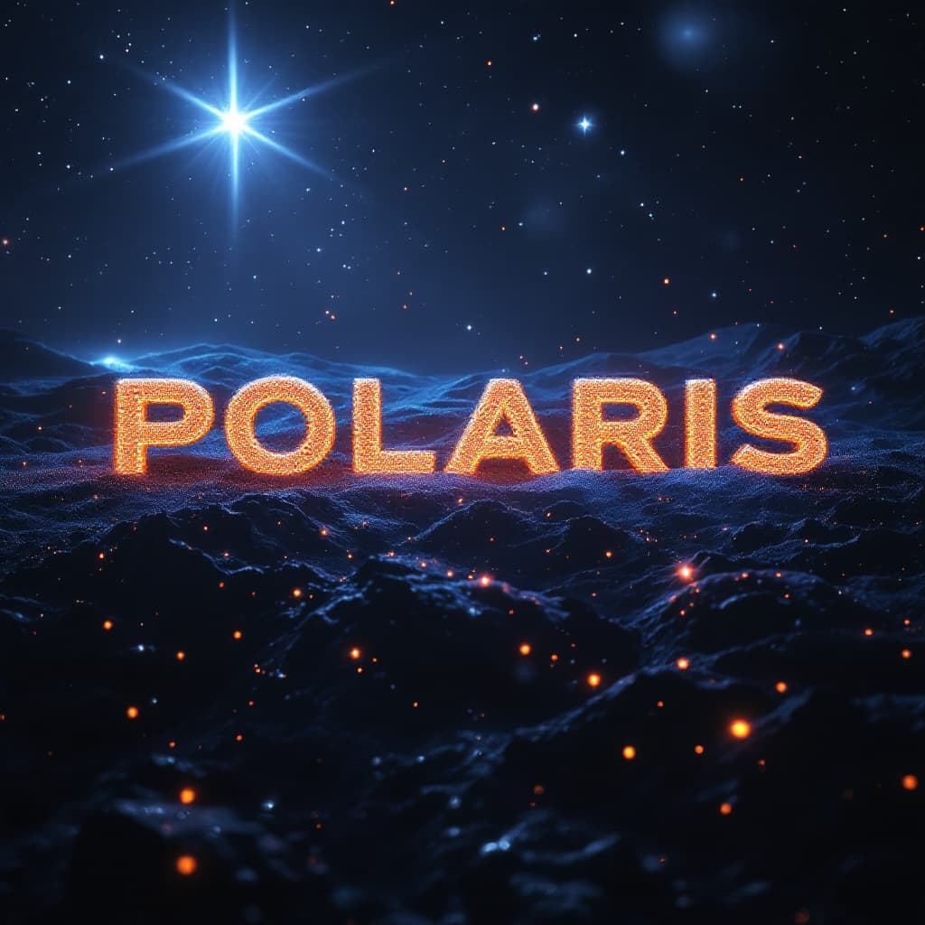AI generated: word POLARIS in space under the bright star, space on background, holographic letters, ultra realist...