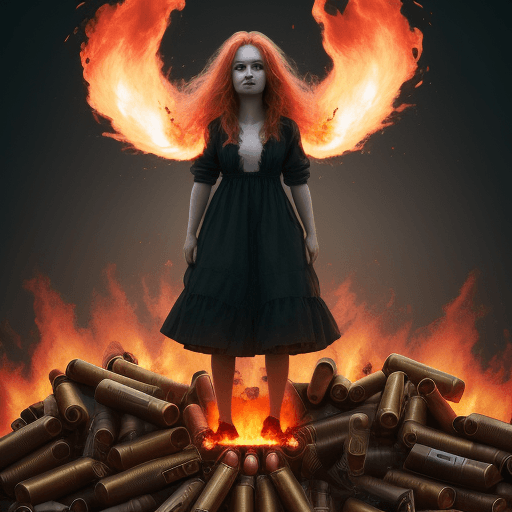 AI generated: girl with hair on fire standing on a pile of batteries