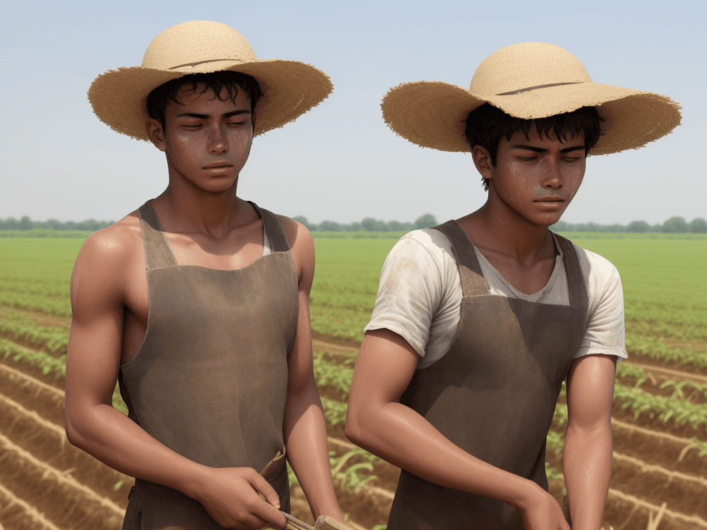 AI generated: Young man working in the fields, sweating under the hot sun.