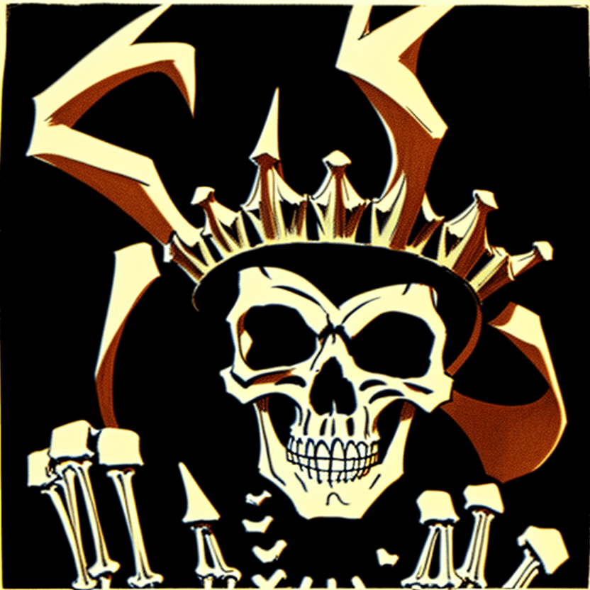 AI generated: Skeleton, Demon's Crown, in style of Raymond Pettibon, black background