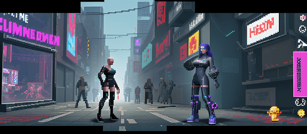 AI generated: pixel art cyberpunk, 36 bit video game, highly detailed