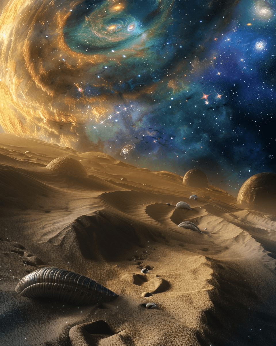 AI generated: sand worms swimming in space, surrounded by galaxies and stars, creating an otherworldly atmosphere ...