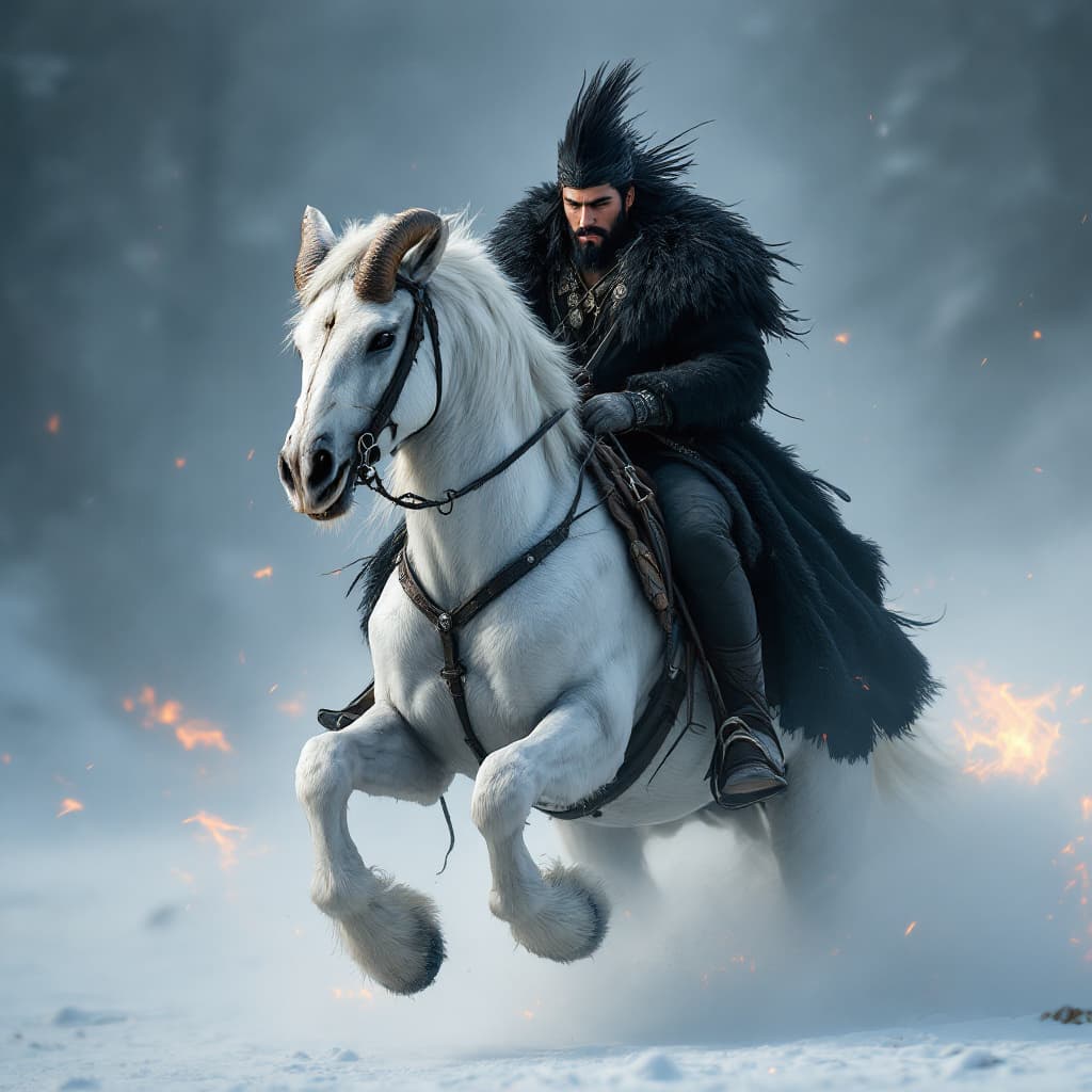AI generated: Unreal engine, a hispanic male with a black beard, wearing a black wolf headdress, black fur coat in...