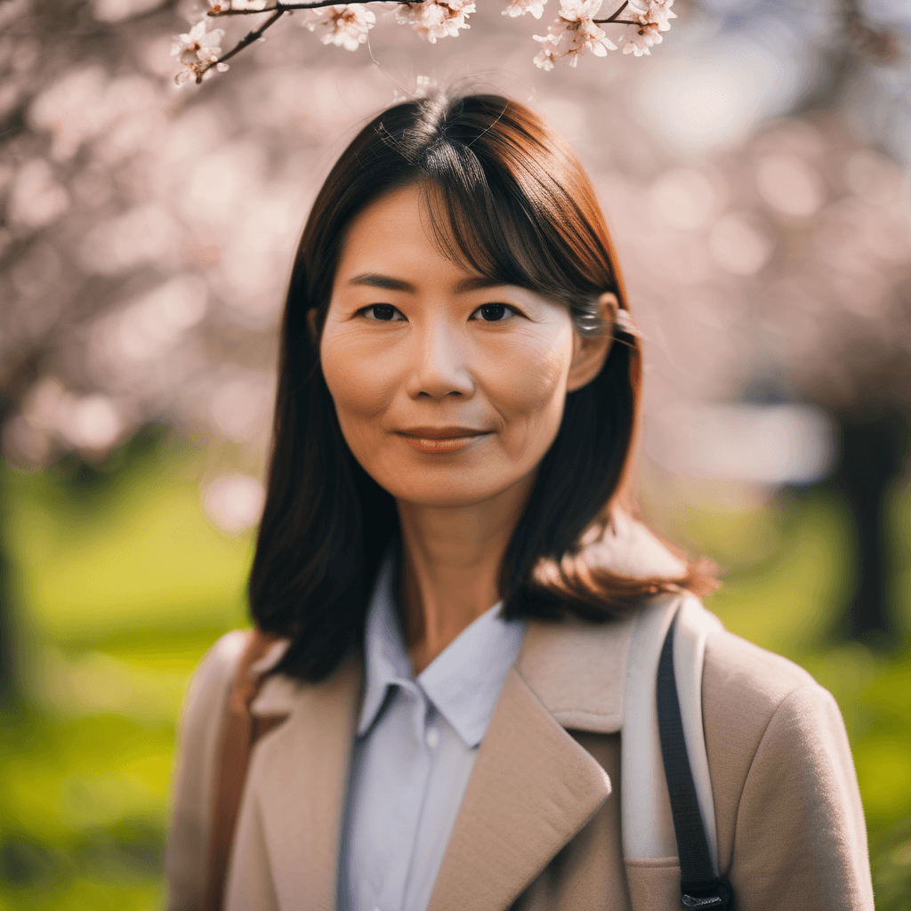 AI generated: A mesmerizing close-up of a Japanese teacher during a spring morning, with gentle natural light and ...