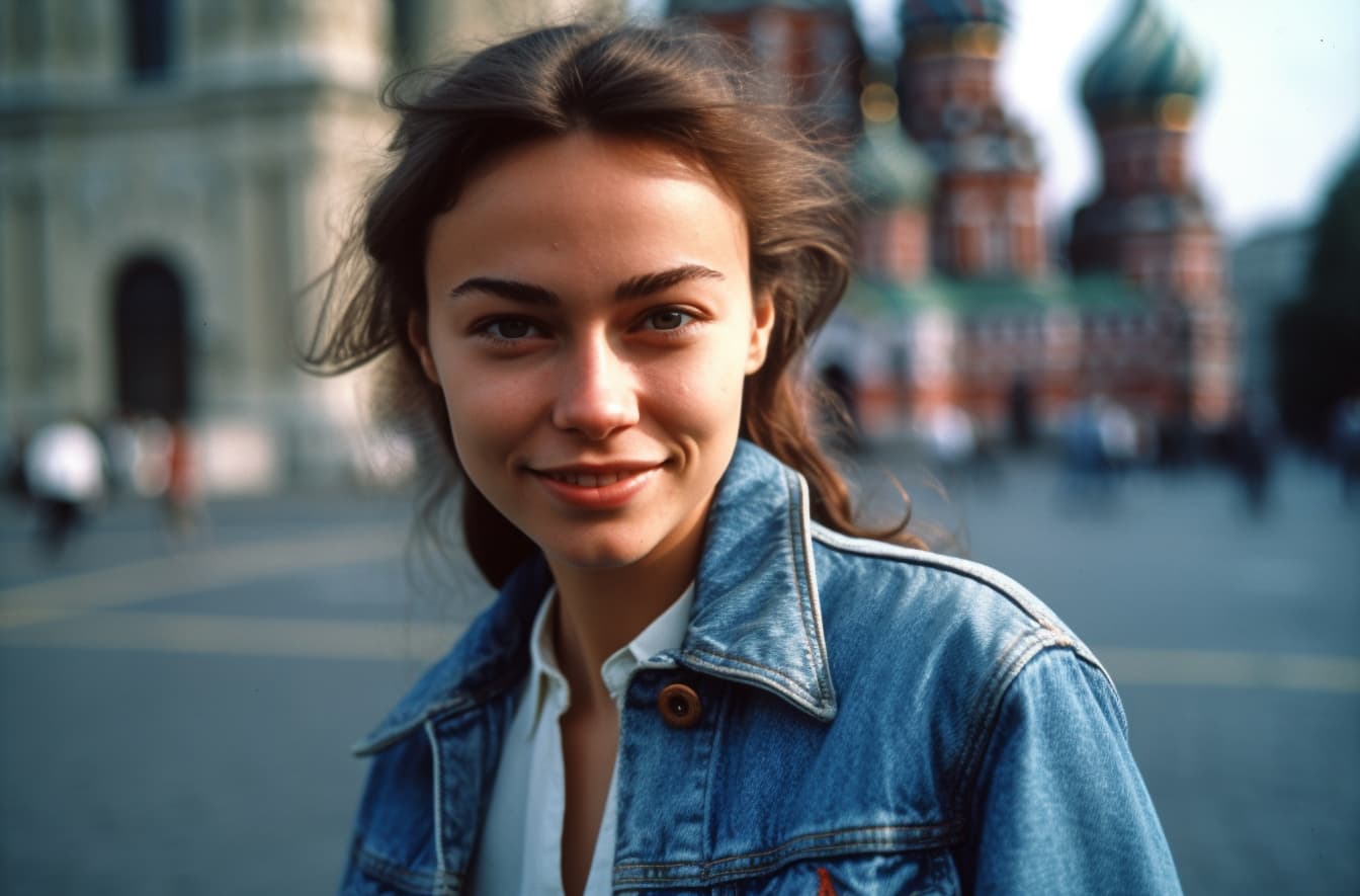 AI generated: analog style Realistic photograph of one beautiful young Russian woman wearing a denim jacket and wh...