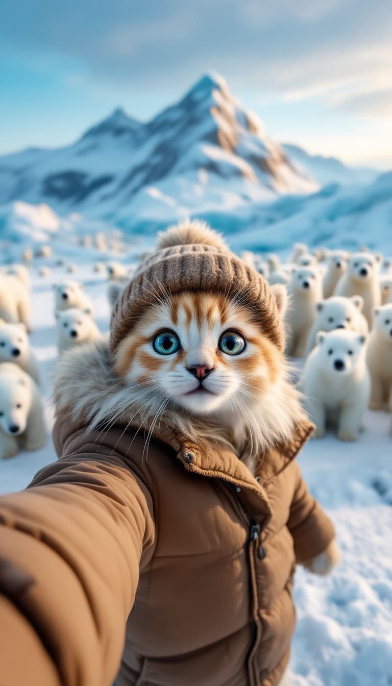 AI generated:  In the snow, there is an ice field with many polar bears standing on it. A real cute baby cat weari...