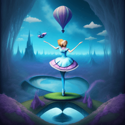 AI generated: surreal landscape view of Alice in Wonderland in Disney style with surreal text "dance techno and fl...