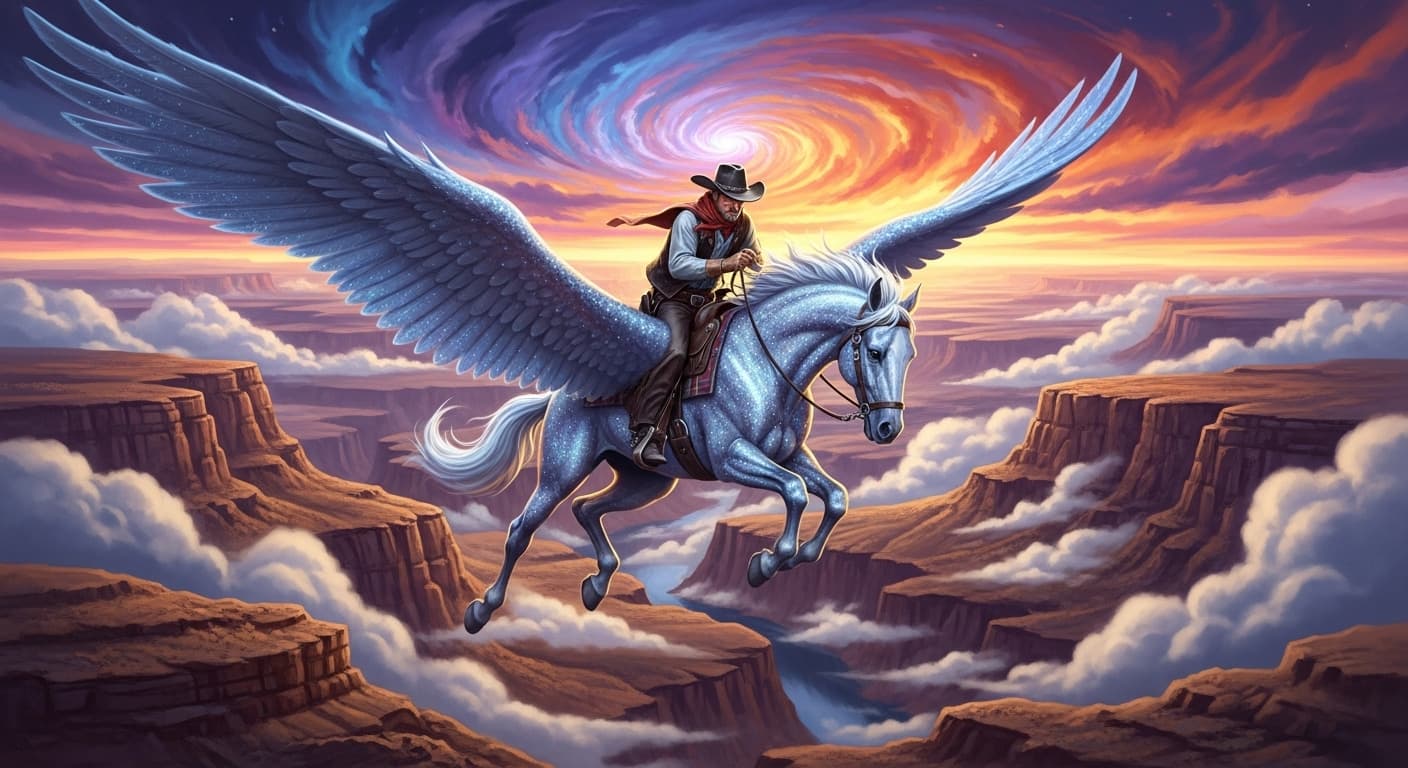 AI generated: A determined cowboy riding a mythical, glittering horse, flying over breathtaking canyons surrounded...