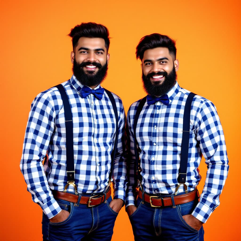 AI generated: two identical Indian men standing side by side in front of a vibrant orange gradient backdrop. They ...