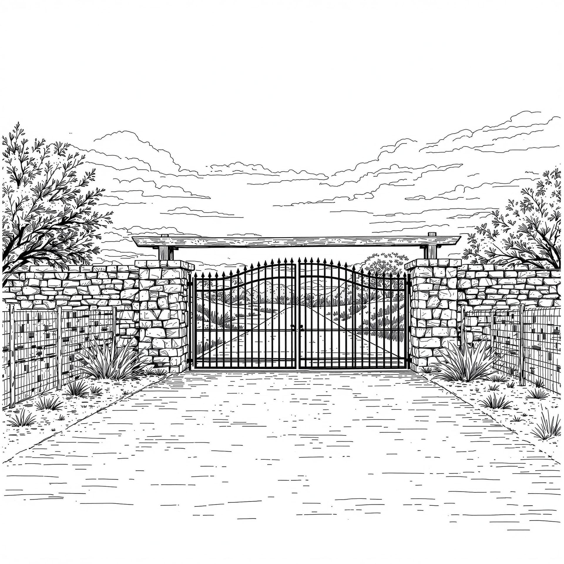AI generated: Can you please give me an architectural exterior elevation of an AUTOMATED ROLLING HOG WIRE ENTRY GA...