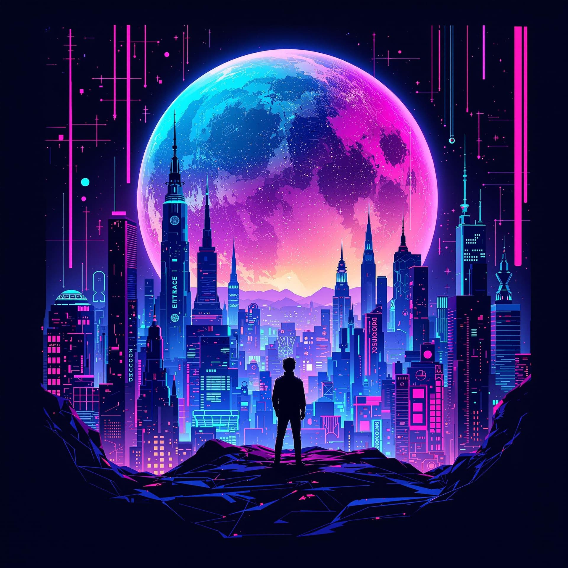 AI generated: T-shirt design: a bold and dynamic t-shirt graphic featuring a futuristic city skyline at night, wit...