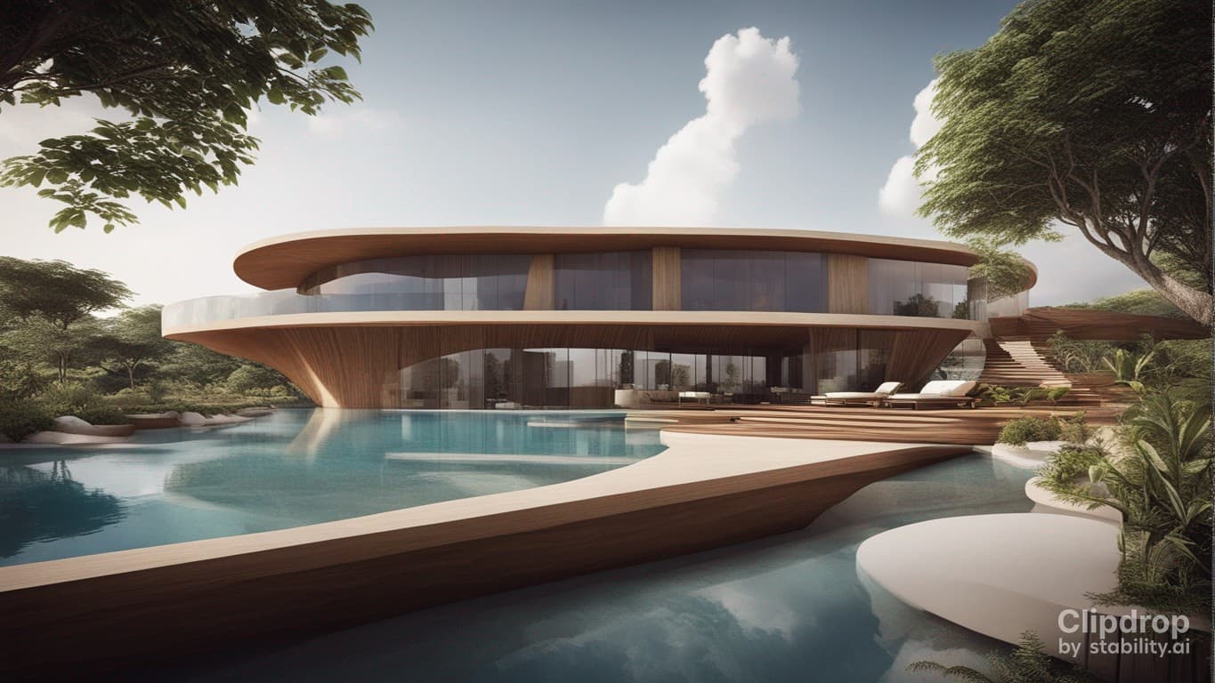 AI generated: a magnificent modern ecotourism site with a design of the peoples of Cameroon, swimming pools and be...