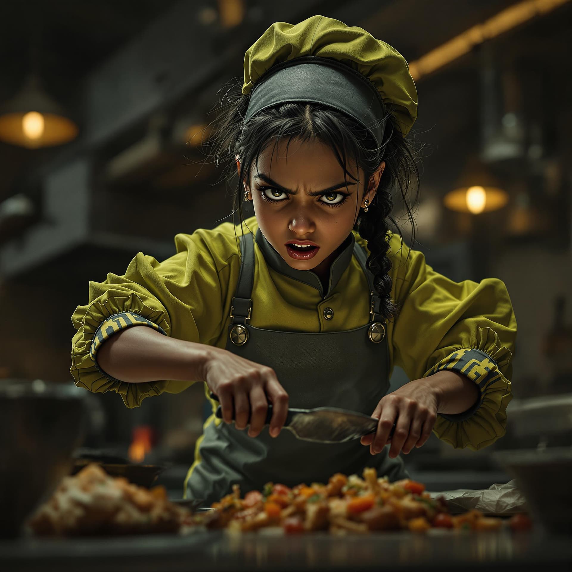 AI generated: restaurant, aggressive Indian baby girl cook, intricate highly detailed formal Chartreuse Earthy gre...