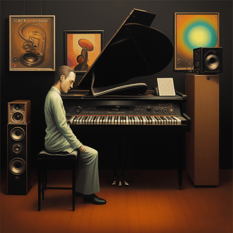 AI generated: music Album cover picture, jazz, surreal art, oil picture, radio, speaker, piano, electronic equipme...
