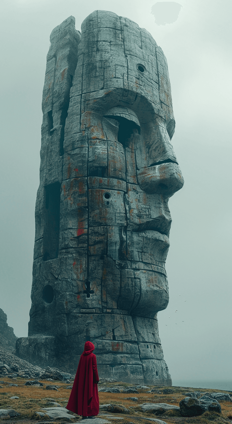 AI generated: the woman stands in front of a giant statue, in the style of cinematic sets, fenghua zhong, alessio ...
