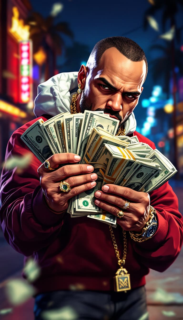 AI generated:  holding a bunch of money, gta art, style of gta v artworks, paid artwork,  high quality 16k digital...