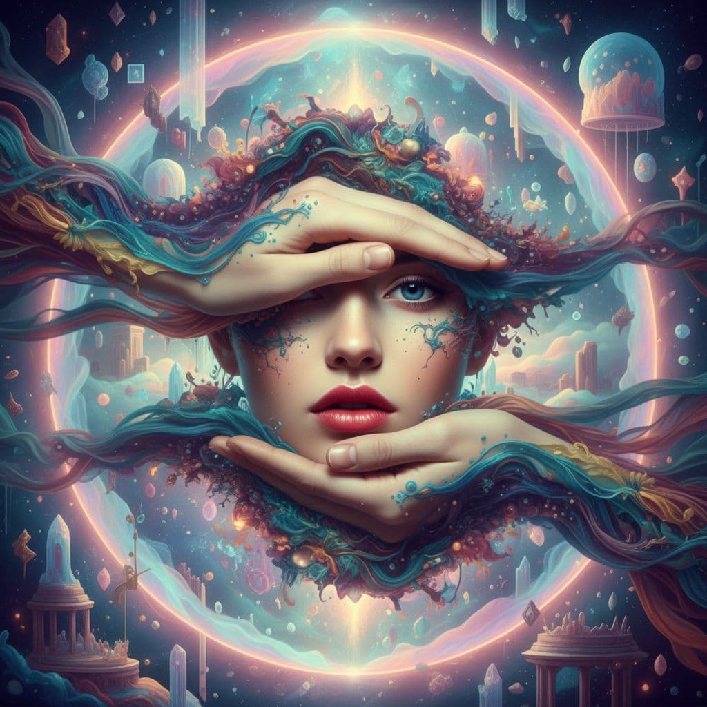 AI generated: A surreal photorealistic image of a woman concealing her face with two hands, one above and one belo...