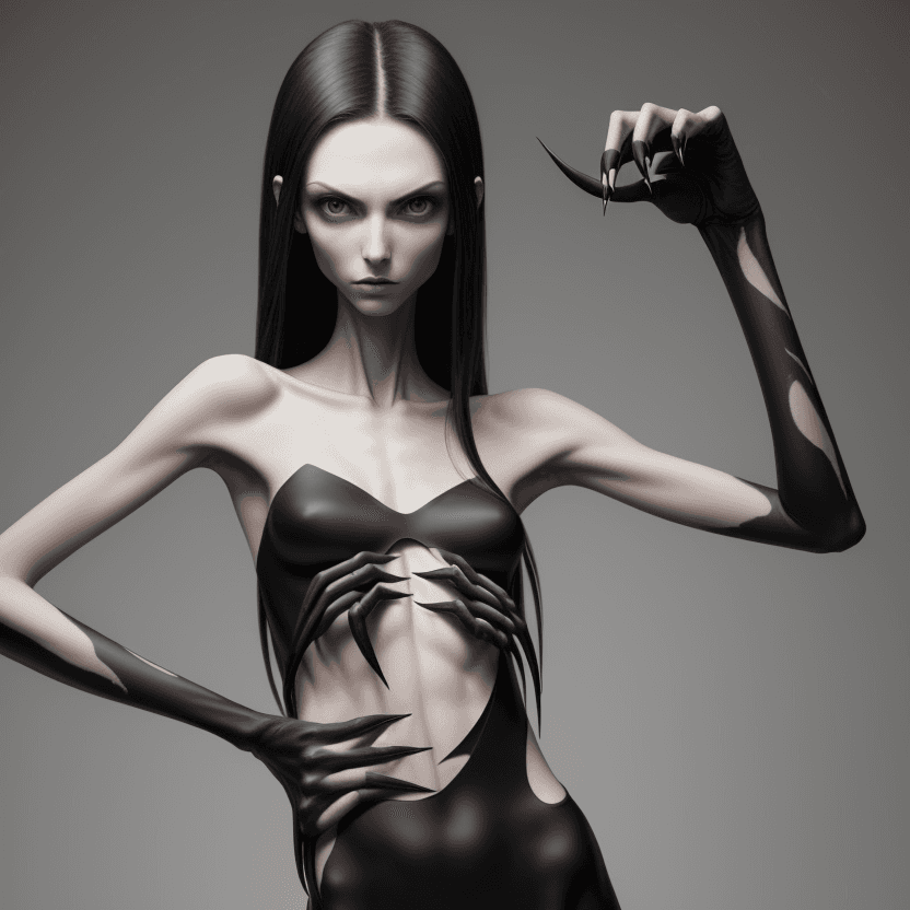 AI generated: photo of face an extremely skinny, flat-chested models with long black curved fingernails, claws,
